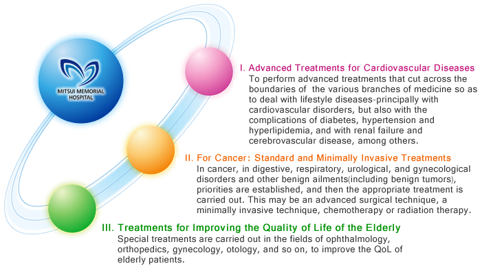 The Three Main Spheres
1.Advanced Treatments for Cardiovascular Diseases
2.For Cancer: Standard and Minimally Invasive Treatments
3.Treatments for Improving the Quality of Life of the Elderly